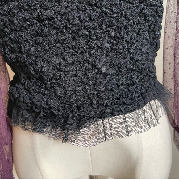 Free People Women’s Plum/Black - SZ L - Smocked Sheer Long Puff Sleeve Top - Picture 7 of 16